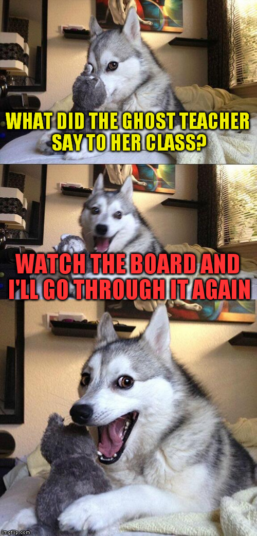 Bad Pun Dog Meme | WHAT DID THE GHOST TEACHER SAY TO HER CLASS? WATCH THE BOARD AND I'LL GO THROUGH IT AGAIN | image tagged in memes,bad pun dog | made w/ Imgflip meme maker