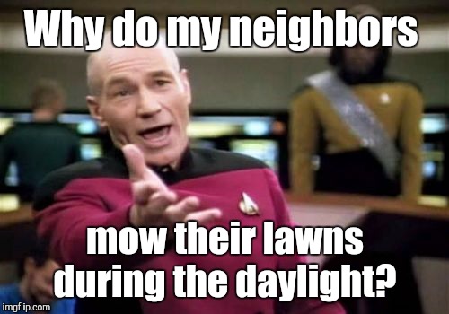 Picard Wtf Meme | Why do my neighbors mow their lawns during the daylight? | image tagged in memes,picard wtf | made w/ Imgflip meme maker