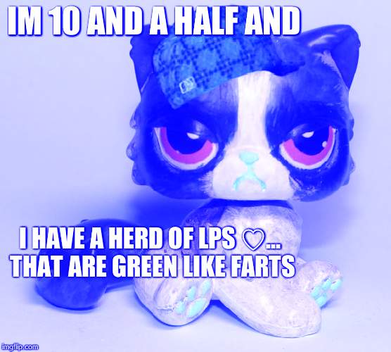Grumpy LPS | IM 10 AND A HALF AND; I HAVE A HERD OF LPS ♡... THAT ARE GREEN LIKE FARTS | image tagged in grumpy lps,scumbag | made w/ Imgflip meme maker