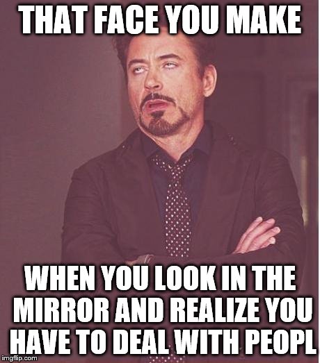 Face You Make Robert Downey Jr | THAT FACE YOU MAKE; WHEN YOU LOOK IN THE MIRROR AND REALIZE YOU HAVE TO DEAL WITH PEOPL | image tagged in memes,face you make robert downey jr | made w/ Imgflip meme maker