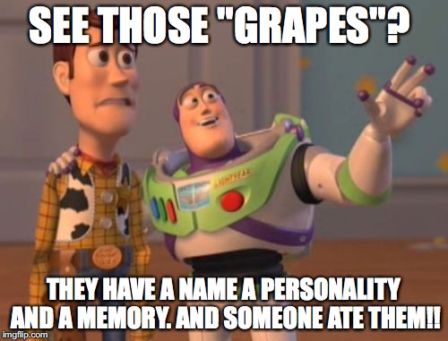 X, X Everywhere Meme | SEE THOSE "GRAPES"? THEY HAVE A NAME A PERSONALITY AND A MEMORY. AND SOMEONE ATE THEM!! | image tagged in memes,x x everywhere | made w/ Imgflip meme maker