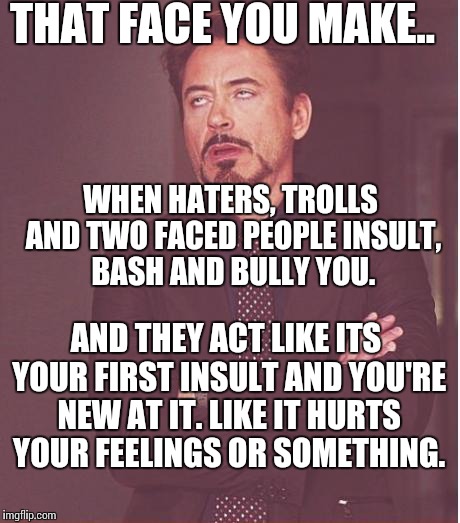 Face You Make Robert Downey Jr | THAT FACE YOU MAKE.. WHEN HATERS, TROLLS AND TWO FACED PEOPLE INSULT, BASH AND BULLY YOU. AND THEY ACT LIKE ITS YOUR FIRST INSULT AND YOU'RE NEW AT IT. LIKE IT HURTS YOUR FEELINGS OR SOMETHING. | image tagged in memes,face you make robert downey jr | made w/ Imgflip meme maker