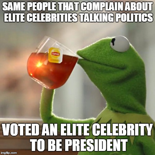 But That's None Of My Business Meme | SAME PEOPLE THAT COMPLAIN ABOUT ELITE CELEBRITIES TALKING POLITICS; VOTED AN ELITE CELEBRITY TO BE PRESIDENT | image tagged in memes,but thats none of my business,kermit the frog | made w/ Imgflip meme maker