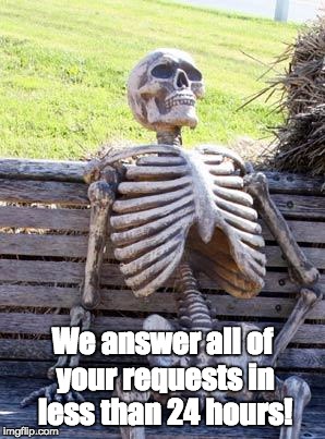 Waiting Skeleton | We answer all of your requests in less than 24 hours! | image tagged in memes,waiting skeleton | made w/ Imgflip meme maker