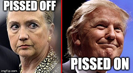 trump hillary | PISSED OFF; PISSED ON | image tagged in trump,hillary,peeotus,goldenshowers | made w/ Imgflip meme maker