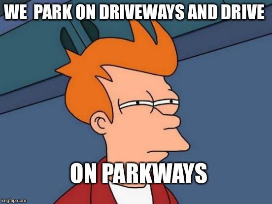 Futurama Fry | WE  PARK ON DRIVEWAYS AND DRIVE; ON PARKWAYS | image tagged in memes,futurama fry | made w/ Imgflip meme maker