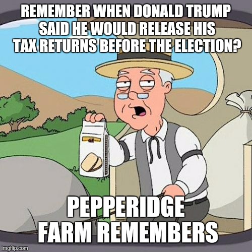 Although come to think to think of it, he didn't say before which election... | REMEMBER WHEN DONALD TRUMP SAID HE WOULD RELEASE HIS TAX RETURNS BEFORE THE ELECTION? PEPPERIDGE FARM REMEMBERS | image tagged in memes,pepperidge farm remembers,funny memes,trump 2016,donald trump,skipp | made w/ Imgflip meme maker