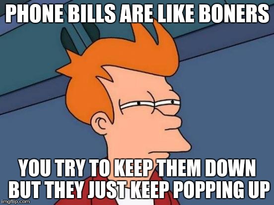 Futurama Fry | PHONE BILLS ARE LIKE BONERS; YOU TRY TO KEEP THEM DOWN BUT THEY JUST KEEP POPPING UP | image tagged in memes,futurama fry | made w/ Imgflip meme maker