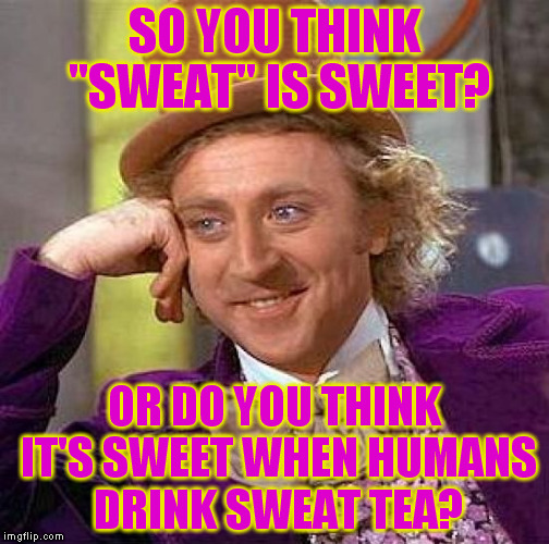 Creepy Condescending Wonka Meme | SO YOU THINK "SWEAT" IS SWEET? OR DO YOU THINK IT'S SWEET WHEN HUMANS DRINK SWEAT TEA? | image tagged in memes,creepy condescending wonka | made w/ Imgflip meme maker