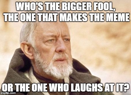Obi Wan Kenobi Meme | WHO'S THE BIGGER FOOL, THE ONE THAT MAKES THE MEME; OR THE ONE WHO LAUGHS AT IT? | image tagged in memes,obi wan kenobi | made w/ Imgflip meme maker