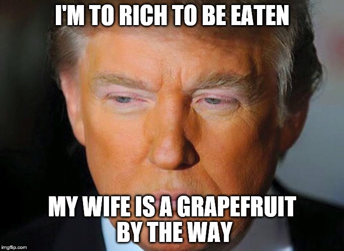 Orange Trump | I'M TO RICH TO BE EATEN; MY WIFE IS A GRAPEFRUIT BY THE WAY | image tagged in orange trump | made w/ Imgflip meme maker