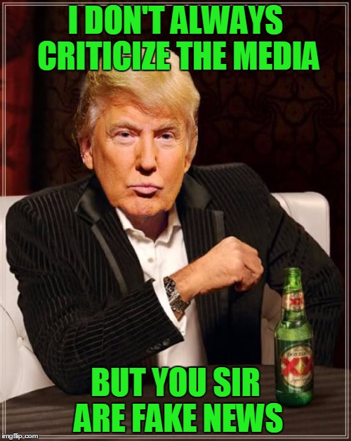 Trump Most Interesting Man In The World | I DON'T ALWAYS CRITICIZE THE MEDIA; BUT YOU SIR ARE FAKE NEWS | image tagged in trump most interesting man in the world,fake news,trump | made w/ Imgflip meme maker