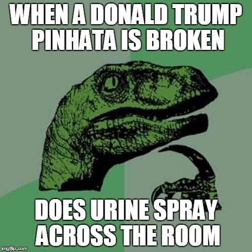 Philosoraptor | WHEN A DONALD TRUMP PINHATA IS BROKEN; DOES URINE SPRAY ACROSS THE ROOM | image tagged in memes,philosoraptor | made w/ Imgflip meme maker