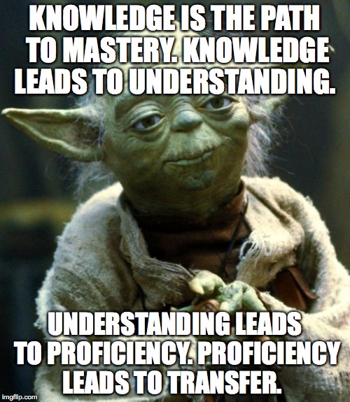 Star Wars Yoda Meme | KNOWLEDGE IS THE PATH TO MASTERY. KNOWLEDGE LEADS TO UNDERSTANDING. UNDERSTANDING LEADS TO PROFICIENCY. PROFICIENCY LEADS TO TRANSFER. | image tagged in memes,star wars yoda | made w/ Imgflip meme maker
