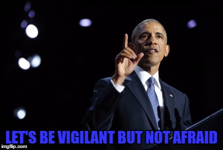 barack-obama-farewell-address | LET'S BE VIGILANT BUT NOT AFRAID | image tagged in barack-obama-farewell-address | made w/ Imgflip meme maker