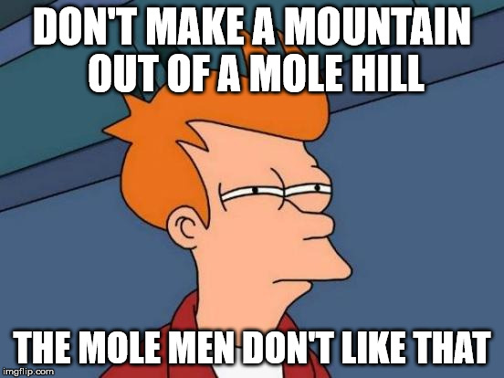 Futurama Fry Meme | DON'T MAKE A MOUNTAIN OUT OF A MOLE HILL THE MOLE MEN DON'T LIKE THAT | image tagged in memes,futurama fry | made w/ Imgflip meme maker