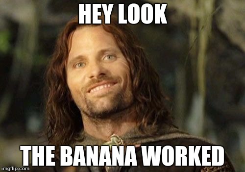 I was about to make another lotr joke | HEY LOOK; THE BANANA WORKED | image tagged in i was about to make another lotr joke | made w/ Imgflip meme maker