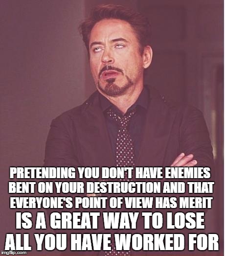 Face You Make Robert Downey Jr Meme | PRETENDING YOU DON'T HAVE ENEMIES BENT ON YOUR DESTRUCTION AND THAT EVERYONE'S POINT OF VIEW HAS MERIT IS A GREAT WAY TO LOSE ALL YOU HAVE W | image tagged in memes,face you make robert downey jr | made w/ Imgflip meme maker