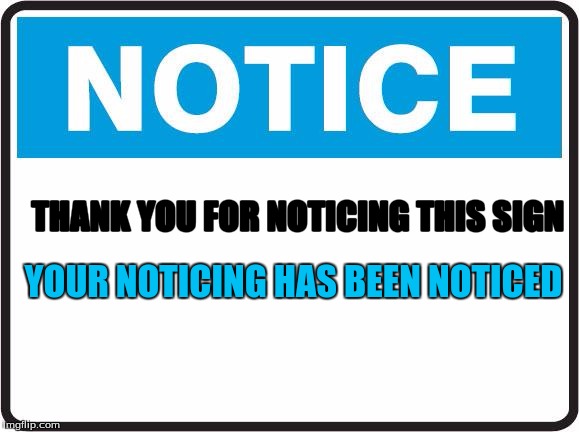 Notice | YOUR NOTICING HAS BEEN NOTICED; THANK YOU FOR NOTICING THIS SIGN | image tagged in your noticing has been noticed,funny,memes | made w/ Imgflip meme maker