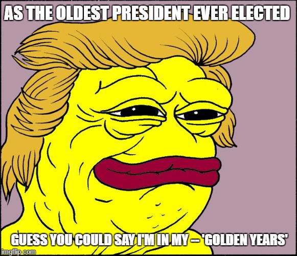 Golden Shower Pepe | AS THE OLDEST PRESIDENT EVER ELECTED; GUESS YOU COULD SAY I'M IN MY -- 'GOLDEN YEARS' | image tagged in golden shower pepe | made w/ Imgflip meme maker