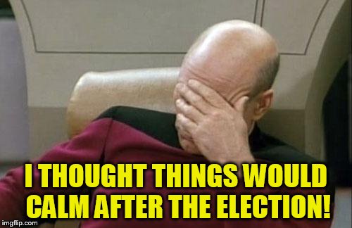 Captain Picard Facepalm Meme | I THOUGHT THINGS WOULD CALM AFTER THE ELECTION! | image tagged in memes,captain picard facepalm | made w/ Imgflip meme maker