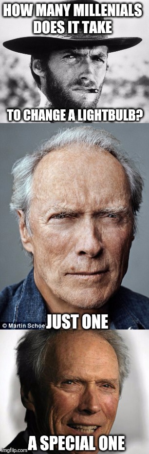 The Good the Bad and the Millenials | HOW MANY MILLENIALS DOES IT TAKE; TO CHANGE A LIGHTBULB? JUST ONE; A SPECIAL ONE | image tagged in liberal millenials,special,snowflake,clint eastwood,lightbulb | made w/ Imgflip meme maker