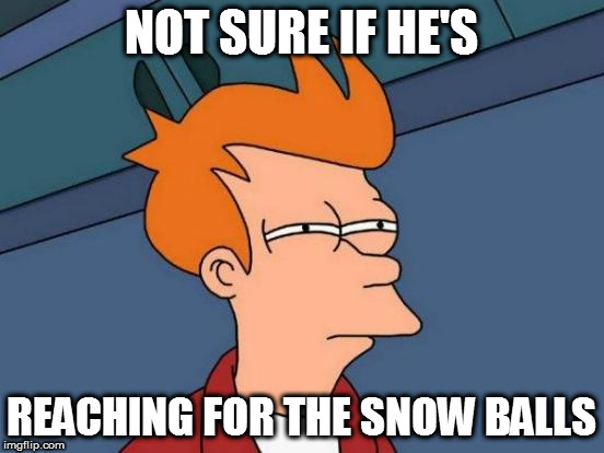 Futurama Fry Meme | NOT SURE IF HE'S REACHING FOR THE SNOW BALLS | image tagged in memes,futurama fry | made w/ Imgflip meme maker