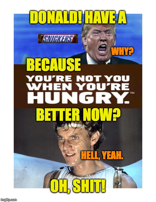 Trump is Caligula | DONALD! HAVE A; BECAUSE; WHY? BETTER NOW? OH, SHIT! HELL, YEAH. | image tagged in donald trump,snickers | made w/ Imgflip meme maker