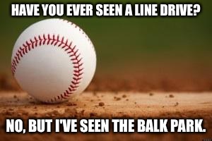 Bad pun plain baseball | HAVE YOU EVER SEEN A LINE DRIVE? NO, BUT I'VE SEEN THE BALK PARK. | image tagged in baseball | made w/ Imgflip meme maker