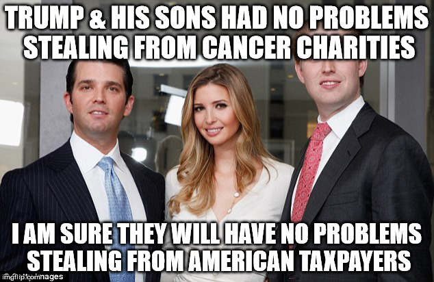 trumps kids | TRUMP & HIS SONS HAD NO PROBLEMS STEALING FROM CANCER CHARITIES; I AM SURE THEY WILL HAVE NO PROBLEMS STEALING FROM AMERICAN TAXPAYERS | image tagged in trumps kids | made w/ Imgflip meme maker