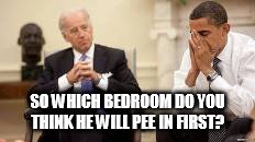 Obama and Biden | SO WHICH BEDROOM DO YOU THINK
HE WILL PEE IN FIRST? | image tagged in obama and biden | made w/ Imgflip meme maker