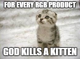 Sad Cat Meme | FOR EVERY RGB PRODUCT; GOD KILLS A KITTEN | image tagged in memes,sad cat | made w/ Imgflip meme maker