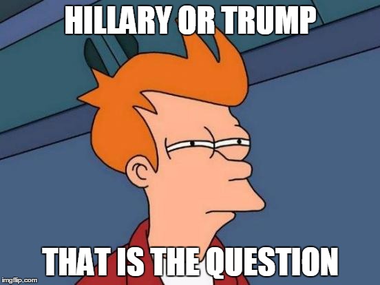 Futurama Fry | HILLARY OR TRUMP; THAT IS THE QUESTION | image tagged in memes,futurama fry | made w/ Imgflip meme maker