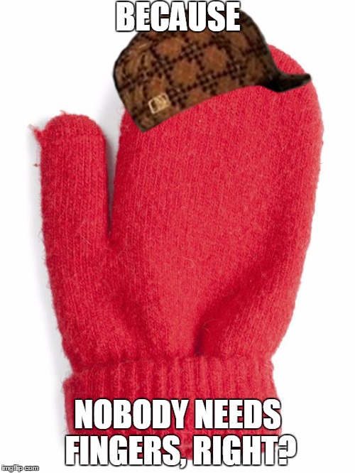 BECAUSE; NOBODY NEEDS FINGERS, RIGHT? | image tagged in mittens | made w/ Imgflip meme maker