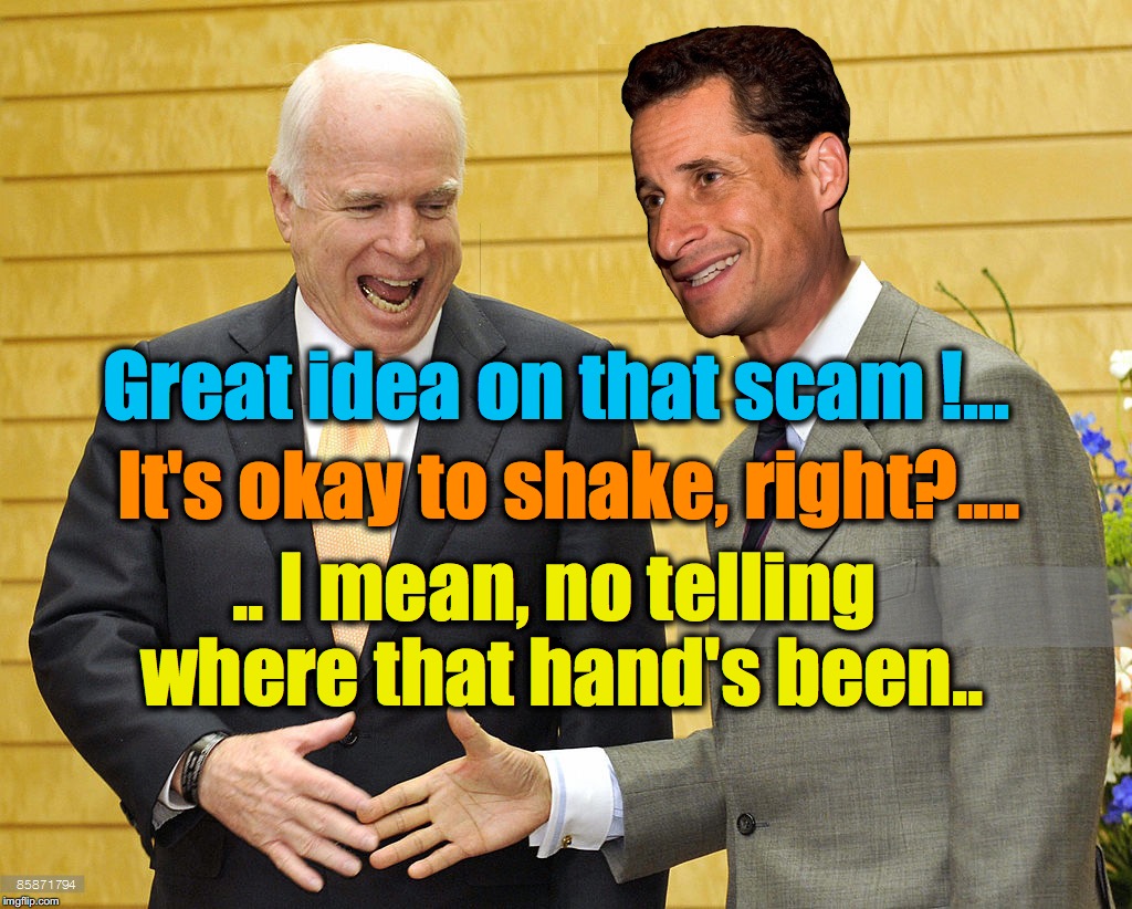 Anthony Weiner gives John McCain a 'Golden' idea | Great idea on that scam !... It's okay to shake, right?.... .. I mean, no telling where that hand's been.. | image tagged in john mccain,anthony weiner | made w/ Imgflip meme maker