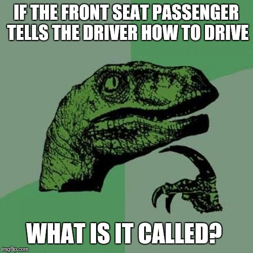 Philosoraptor | IF THE FRONT SEAT PASSENGER TELLS THE DRIVER HOW TO DRIVE; WHAT IS IT CALLED? | image tagged in memes,philosoraptor | made w/ Imgflip meme maker