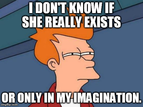 Futurama Fry Meme | I DON'T KNOW IF SHE REALLY EXISTS  OR ONLY IN MY IMAGINATION. | image tagged in memes,futurama fry | made w/ Imgflip meme maker