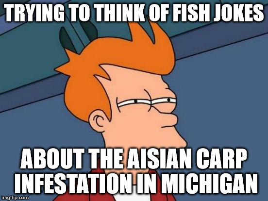 Futurama Fry Meme | TRYING TO THINK OF FISH JOKES ABOUT THE AISIAN CARP INFESTATION IN MICHIGAN | image tagged in memes,futurama fry | made w/ Imgflip meme maker