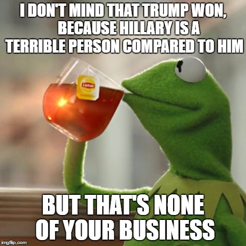 But That's None Of My Business Meme | I DON'T MIND THAT TRUMP WON,    BECAUSE HILLARY IS A TERRIBLE PERSON COMPARED TO HIM; BUT THAT'S NONE OF YOUR BUSINESS | image tagged in memes,but thats none of my business,kermit the frog | made w/ Imgflip meme maker