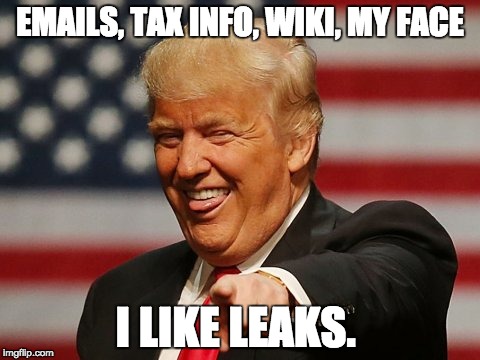 EMAILS, TAX INFO, WIKI, MY FACE; I LIKE LEAKS. | image tagged in dtrum | made w/ Imgflip meme maker