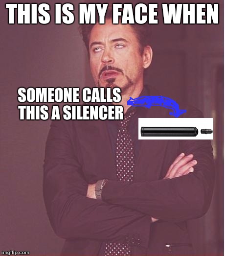 Face You Make Robert Downey Jr Meme | THIS IS MY FACE WHEN; SOMEONE CALLS THIS A SILENCER | image tagged in memes,face you make robert downey jr | made w/ Imgflip meme maker