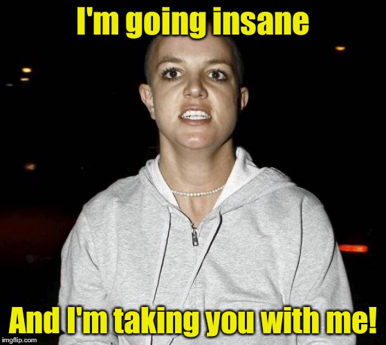 Share the ride | I'm going insane; And I'm taking you with me! | image tagged in crazy bald britney spears,crazy,insane | made w/ Imgflip meme maker