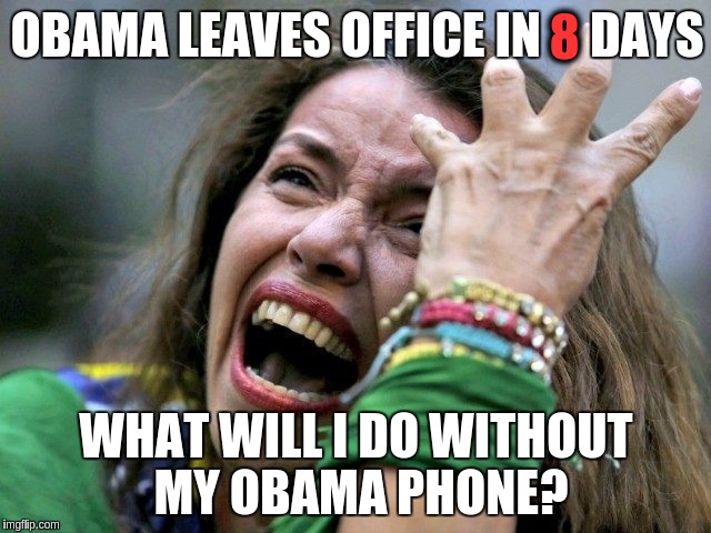 Hysterical Holly | 8; OBAMA LEAVES OFFICE IN     DAYS; WHAT WILL I DO WITHOUT MY OBAMA PHONE? | image tagged in hysterical holly | made w/ Imgflip meme maker