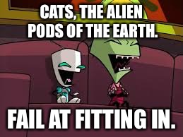 Have you even seen some of their fails? | CATS, THE ALIEN PODS OF THE EARTH. FAIL AT FITTING IN. | image tagged in laughing zim and gir,cats | made w/ Imgflip meme maker