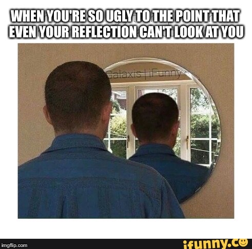 WHEN YOU'RE SO UGLY TO THE POINT THAT EVEN YOUR REFLECTION CAN'T LOOK AT YOU | image tagged in ugly to the point | made w/ Imgflip meme maker