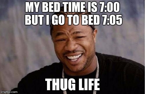 Yo Dawg Heard You | MY BED TIME IS 7:00 BUT I GO TO BED 7:05; THUG LIFE | image tagged in memes,yo dawg heard you | made w/ Imgflip meme maker