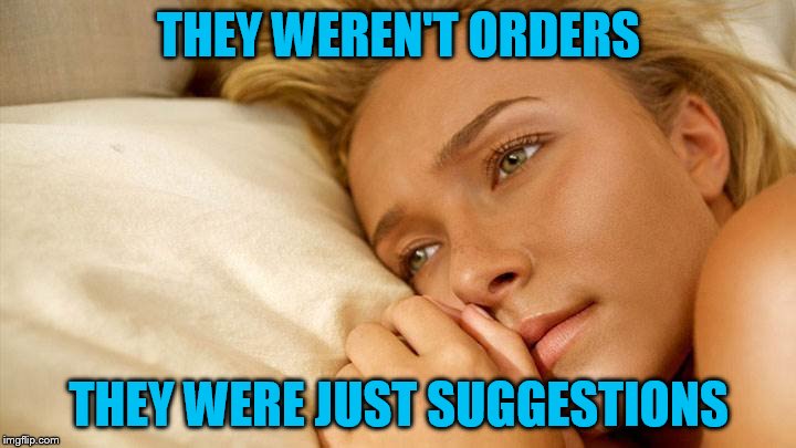 hayden sad | THEY WEREN'T ORDERS THEY WERE JUST SUGGESTIONS | image tagged in hayden sad | made w/ Imgflip meme maker