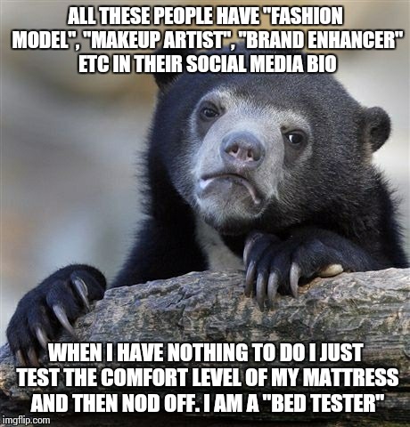 Confession Bear Meme | ALL THESE PEOPLE HAVE "FASHION MODEL", "MAKEUP ARTIST", "BRAND ENHANCER" ETC IN THEIR SOCIAL MEDIA BIO; WHEN I HAVE NOTHING TO DO I JUST TEST THE COMFORT LEVEL OF MY MATTRESS AND THEN NOD OFF. I AM A "BED TESTER" | image tagged in memes,confession bear | made w/ Imgflip meme maker
