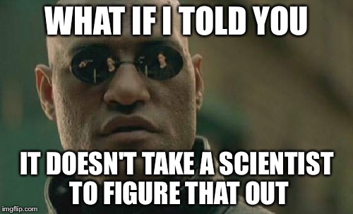 WHAT IF I TOLD YOU IT DOESN'T TAKE A SCIENTIST TO FIGURE THAT OUT | image tagged in memes,matrix morpheus | made w/ Imgflip meme maker