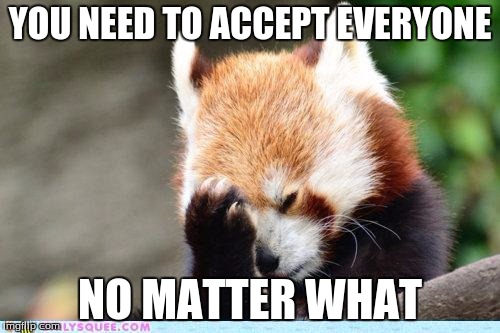 red panda facepalm | YOU NEED TO ACCEPT EVERYONE; NO MATTER WHAT | image tagged in red panda facepalm | made w/ Imgflip meme maker